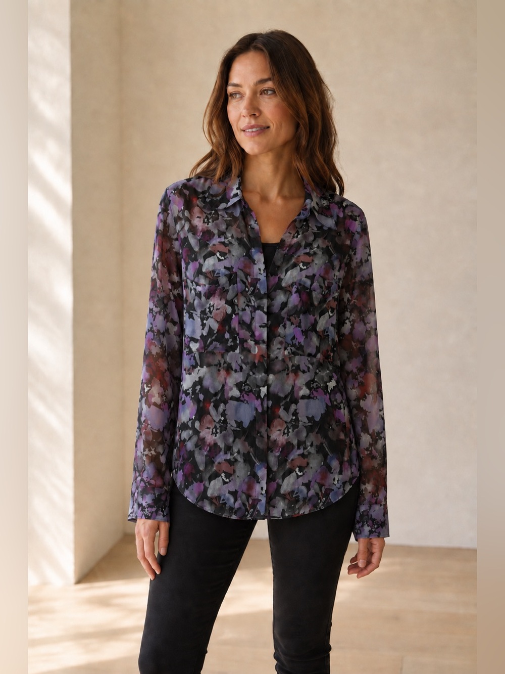 Bella Dahl Silverlake Floral Sheer Button Down Blouse Women’s M Long Sleeve